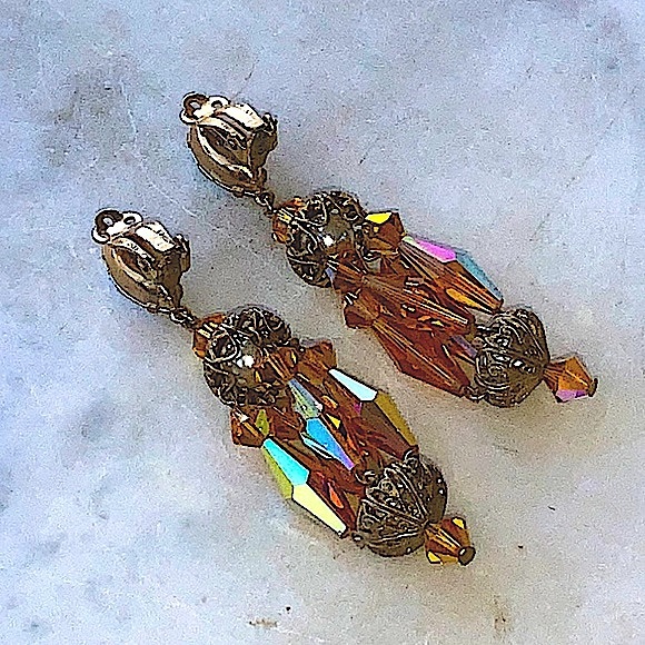 LEWIS SEGAL OF CALIFORNIA EARRINGS CLIP DANGLE AMBER AURORA BOREALIS - Picture 7 of 8